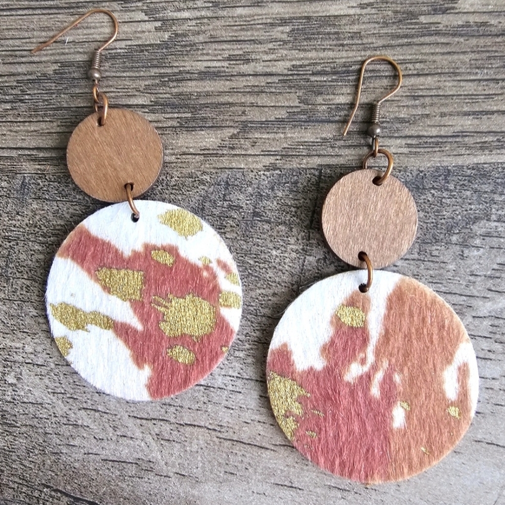 Boho Cowhide Circle Wood Dangle Earrings